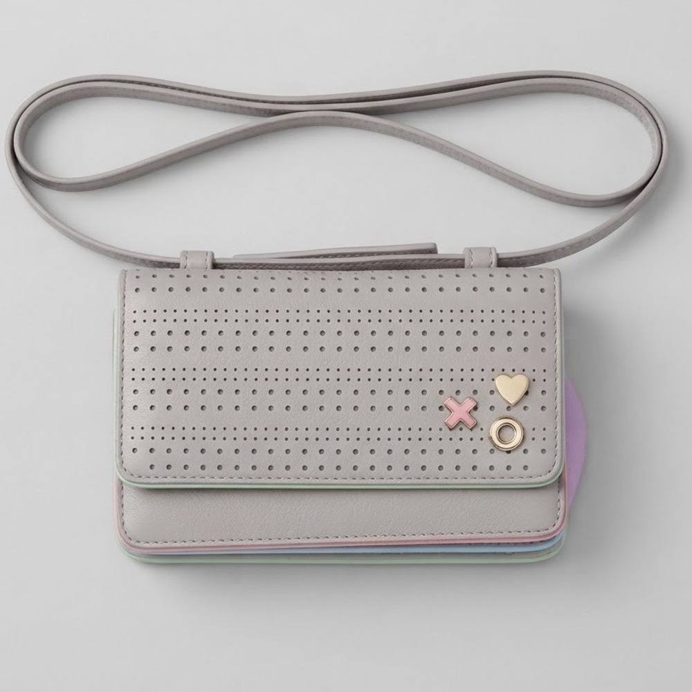 Fossil Grey Leather Perforated XOXO Heart Crossbody Bag Pastel Accents Small